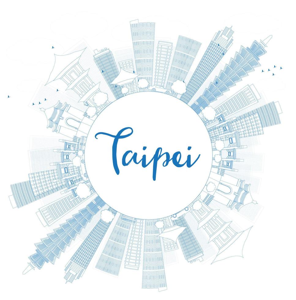 Outline Taipei skyline with blue landmarks and copy space. vector