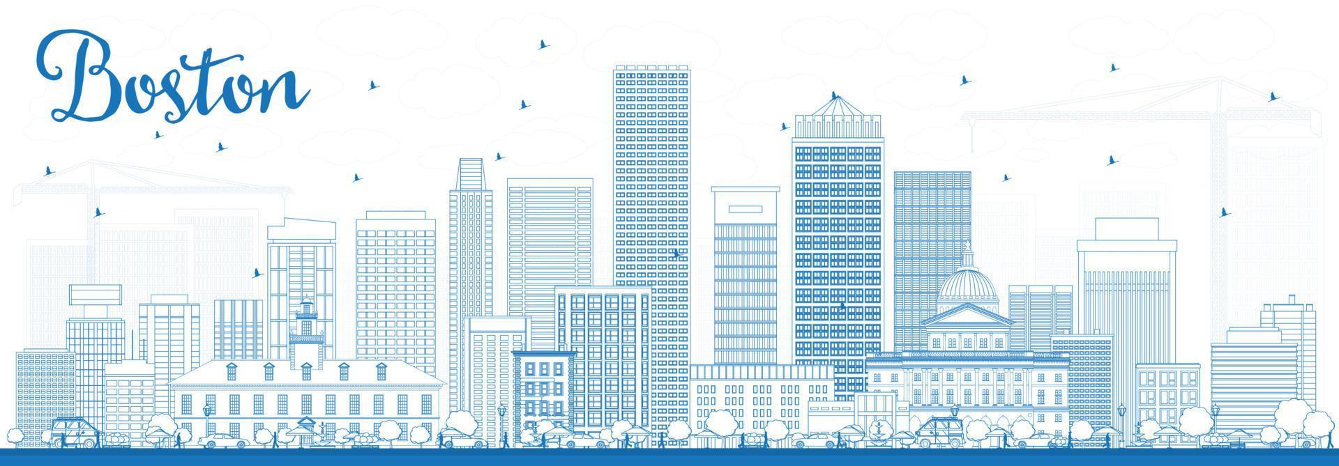 Outline Boston Skyline with Blue Buildings. vector