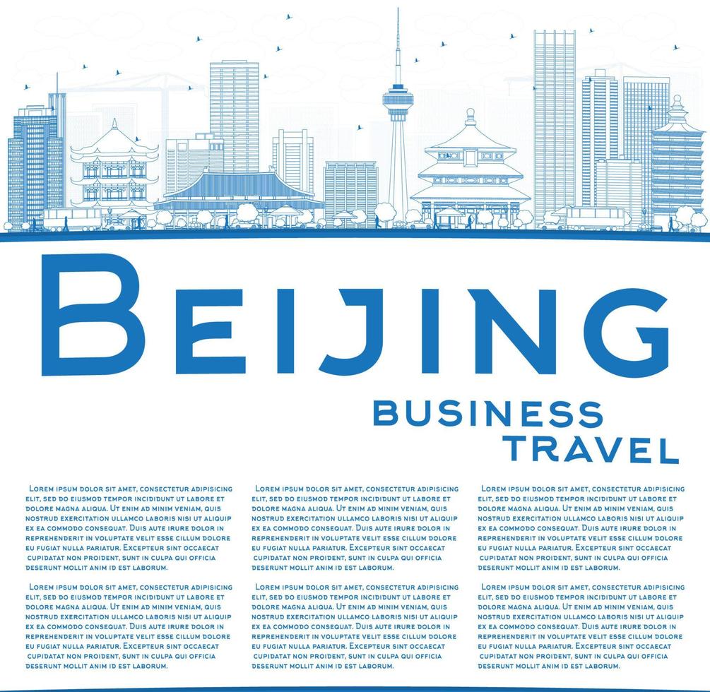Outline Beijing Skyline with Blue Buildings and Copy Space. vector