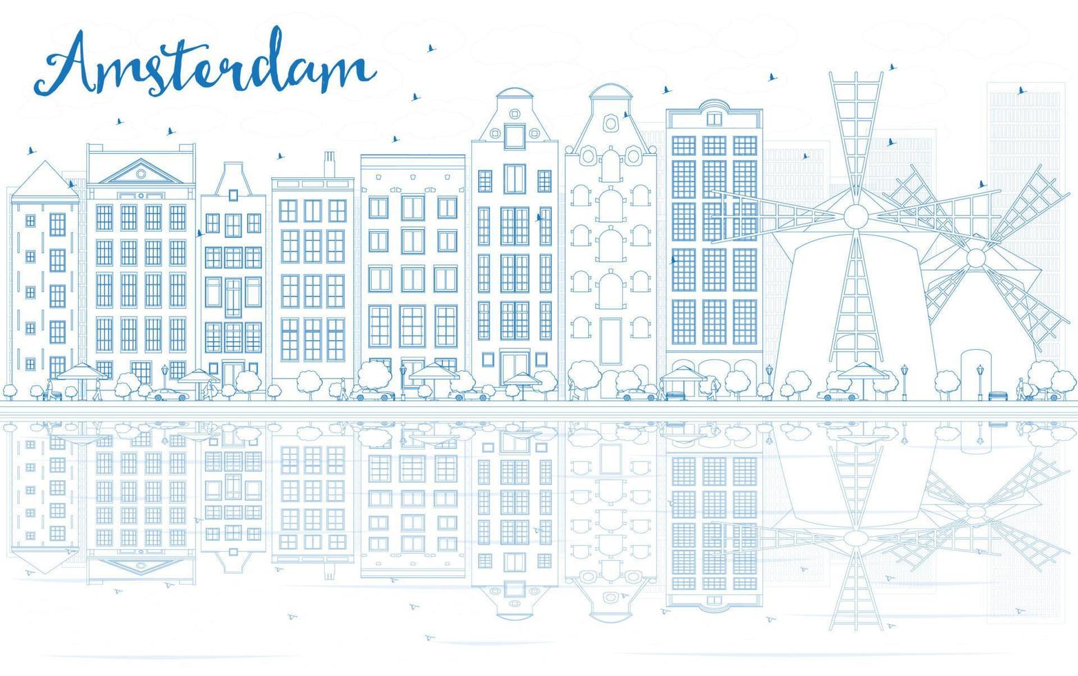Outline Amsterdam skyline with blue buildings and reflections. vector