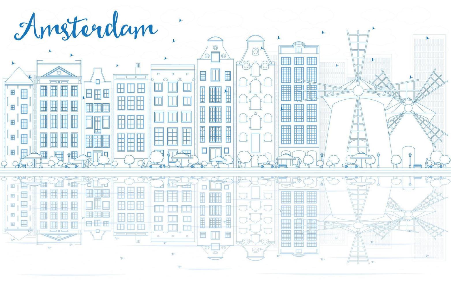 esboza el horizonte de amsterdam con edificios azules y reflejos. vector