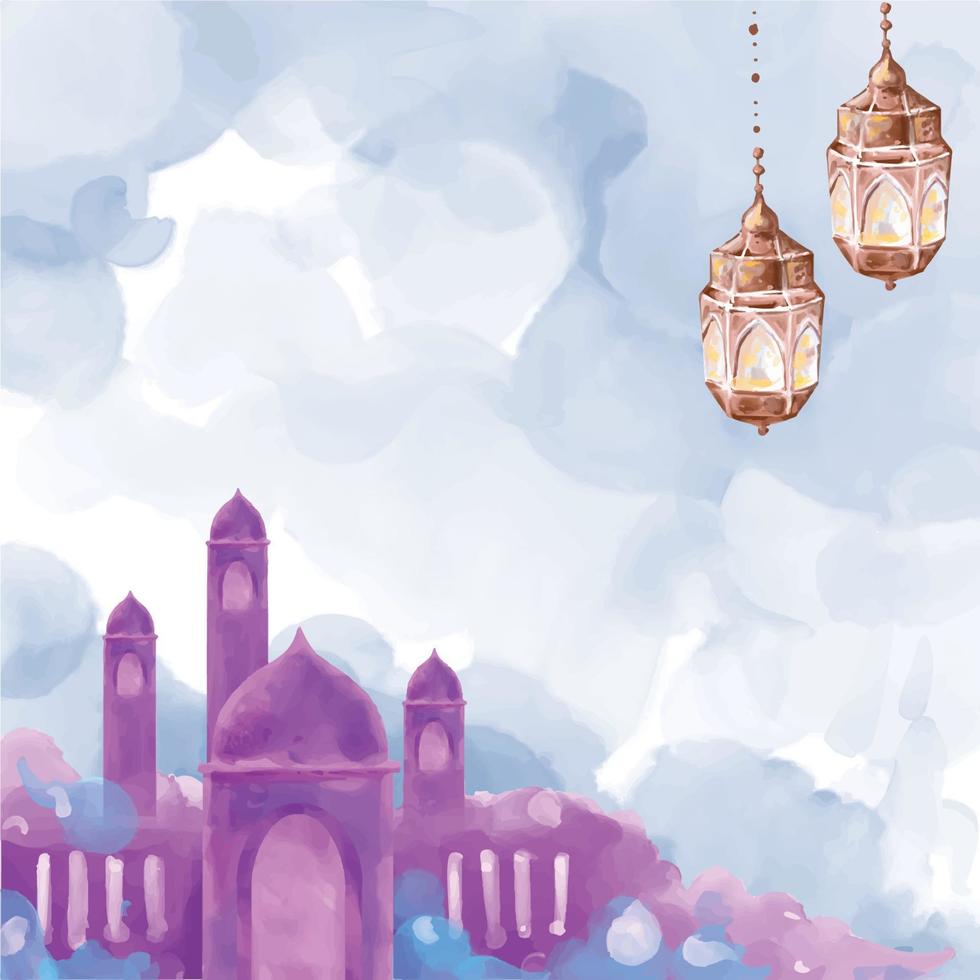 Islamic Bacground with Purple Mosque and Lanterns in Watercolor vector