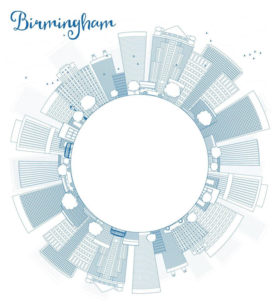 esbozar el horizonte de birmingham alabama con edificios azules y espacio de copia vector