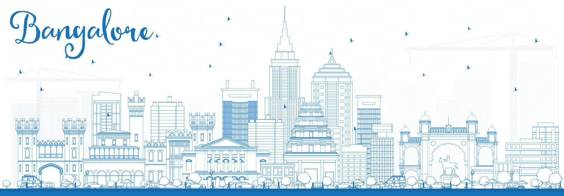 Outline Bangalore Skyline with Blue Buildings. vector