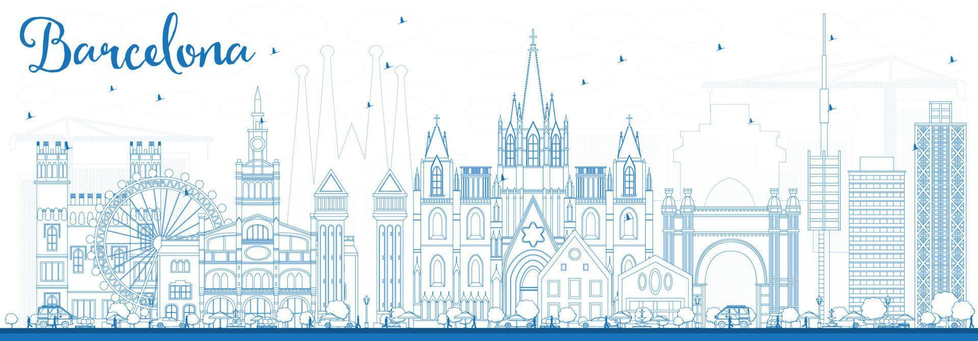 Outline Barcelona Skyline with Blue Buildings. vector