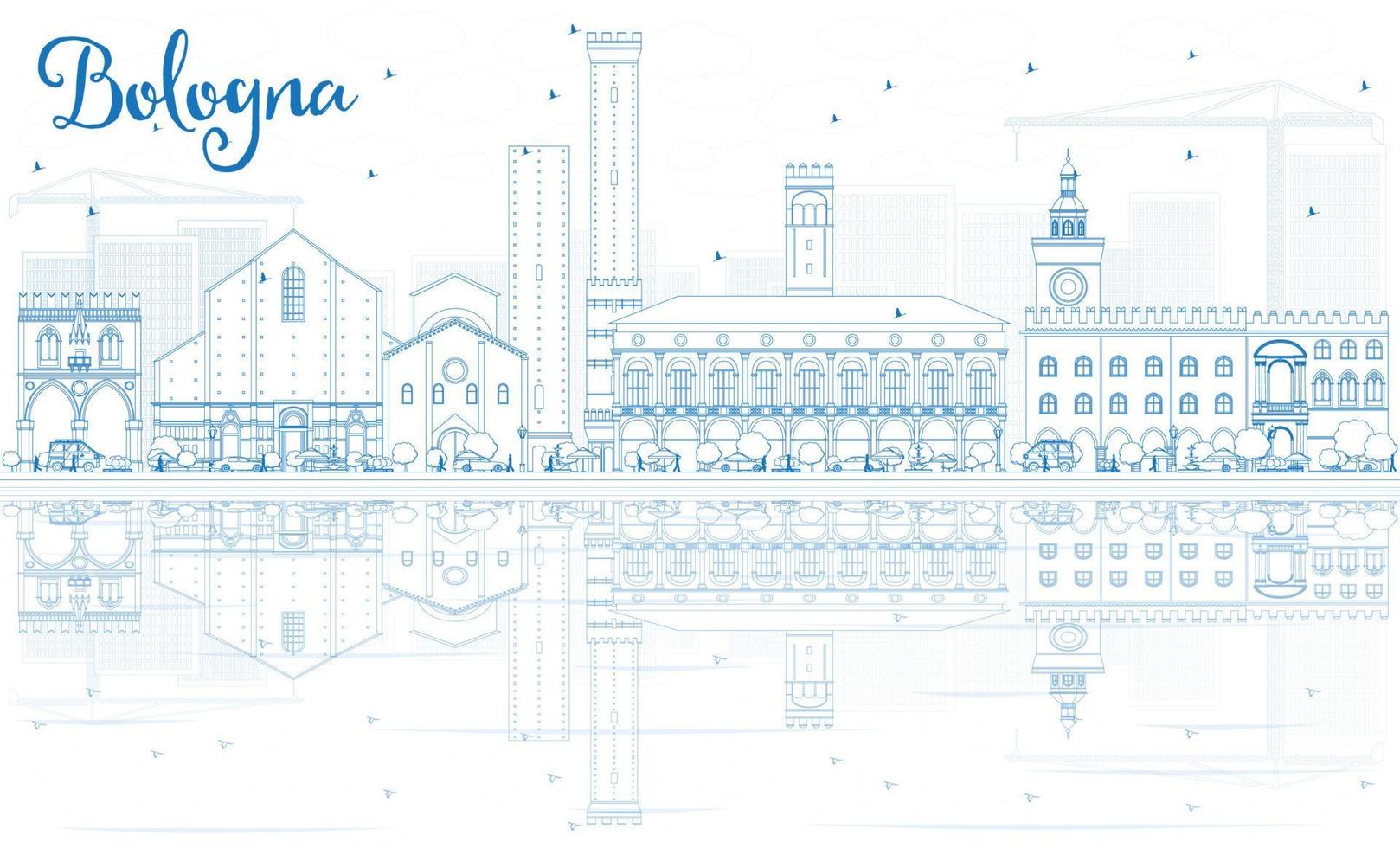 Outline Bologna Skyline with Blue Landmarks and Reflections. vector