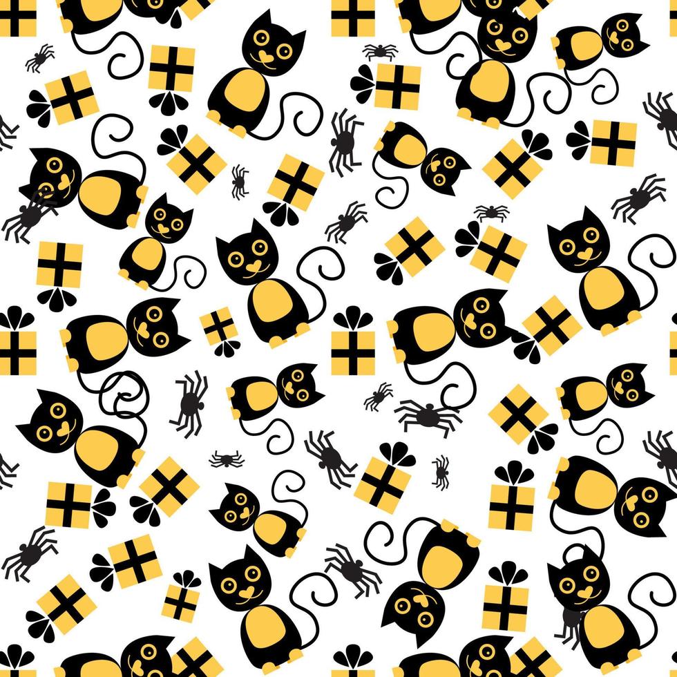 Seamless Pattern with Cat, Spider and Gift Box. vector