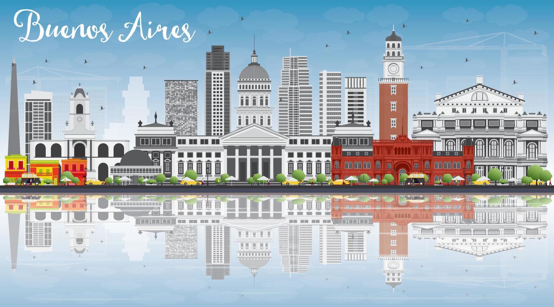 Buenos Aires Skyline with Color Landmarks, Blue Sky and Reflections. vector