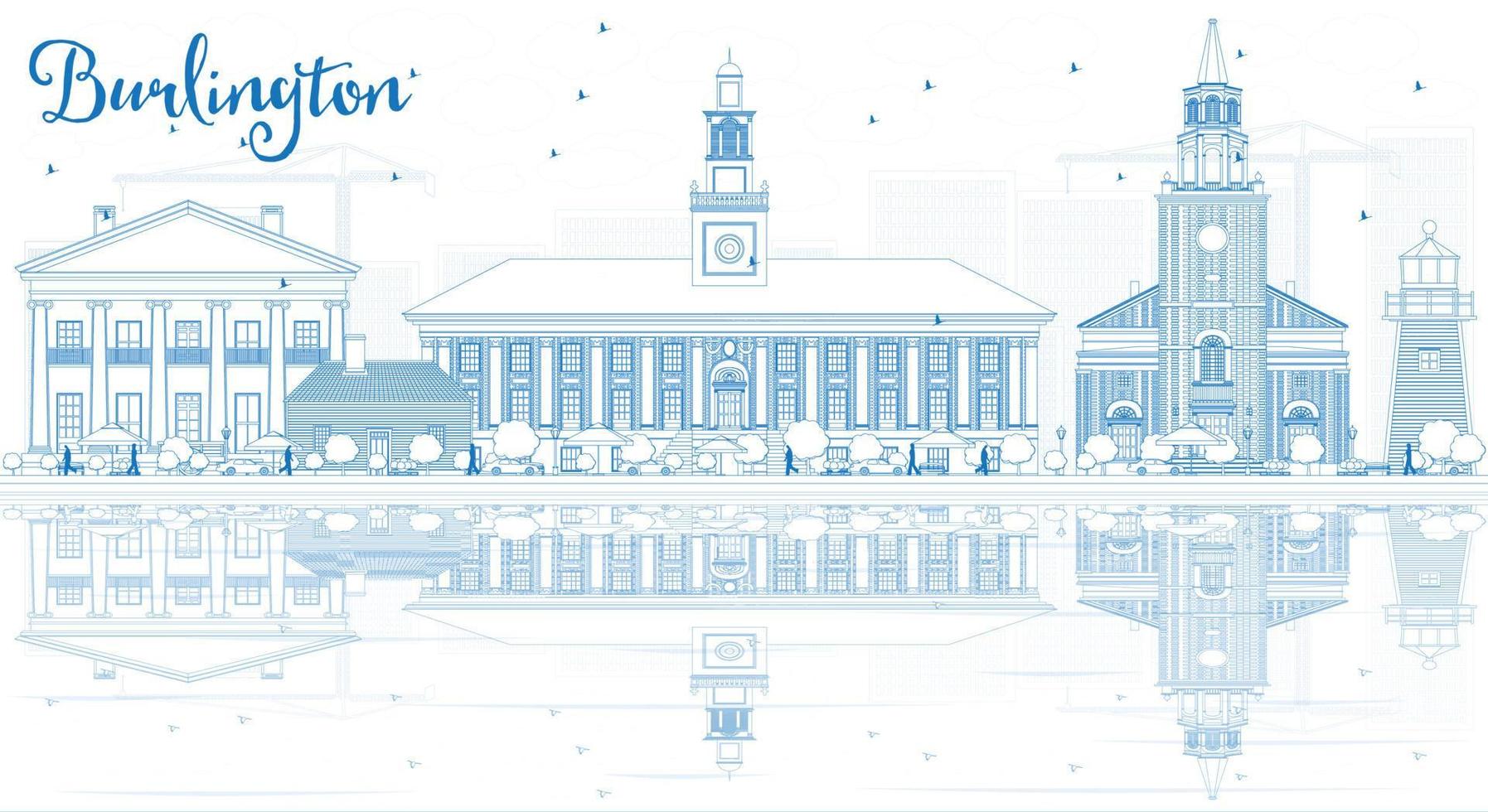 delinear el horizonte de burlington vermont con edificios azules y reflejos. vector