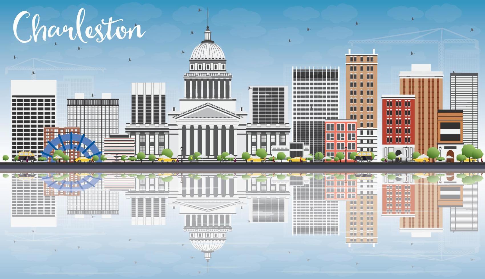 Charleston Skyline with Gray Buildings, Blue Sky and Reflections. vector