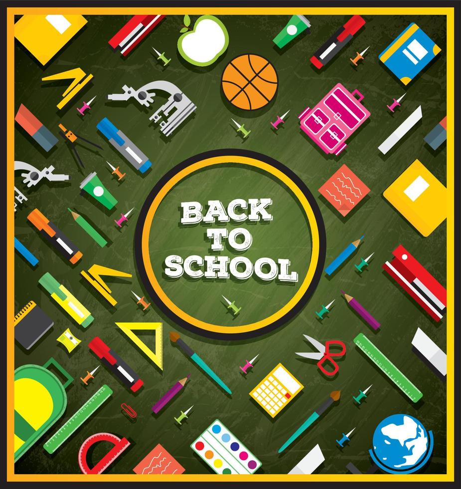 School supplies on green chalk board background. vector