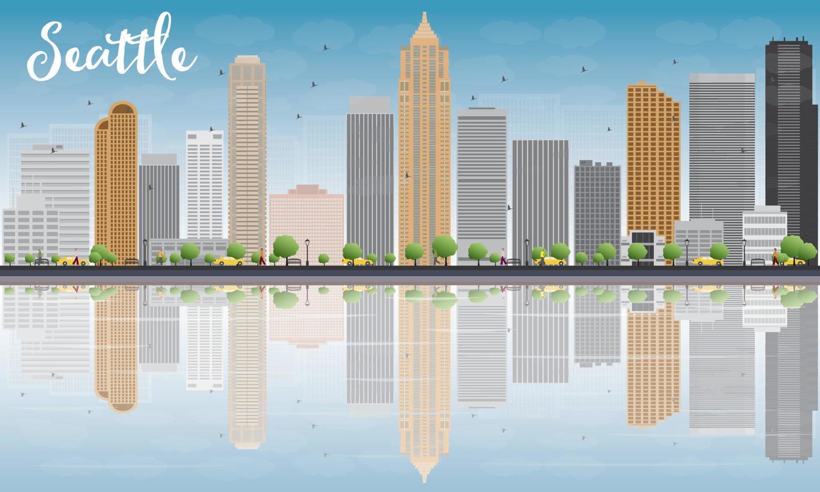 Seattle City Skyline with Grey Buildings, Blue Sky and reflections vector