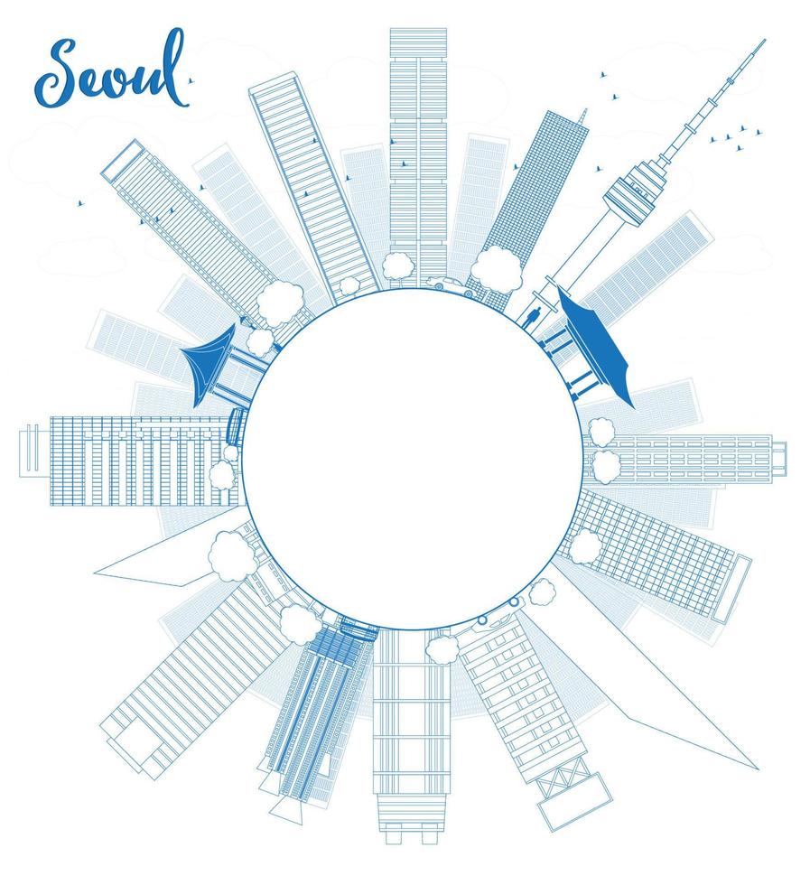 delinear el horizonte de Seúl con edificio azul y espacio de copia vector