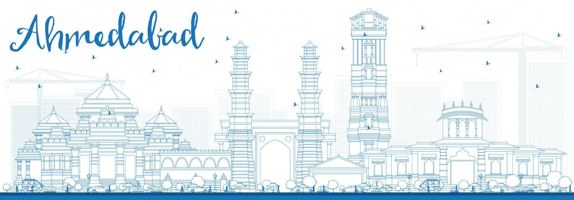 esbozar el horizonte de ahmedabad con edificios azules. vector