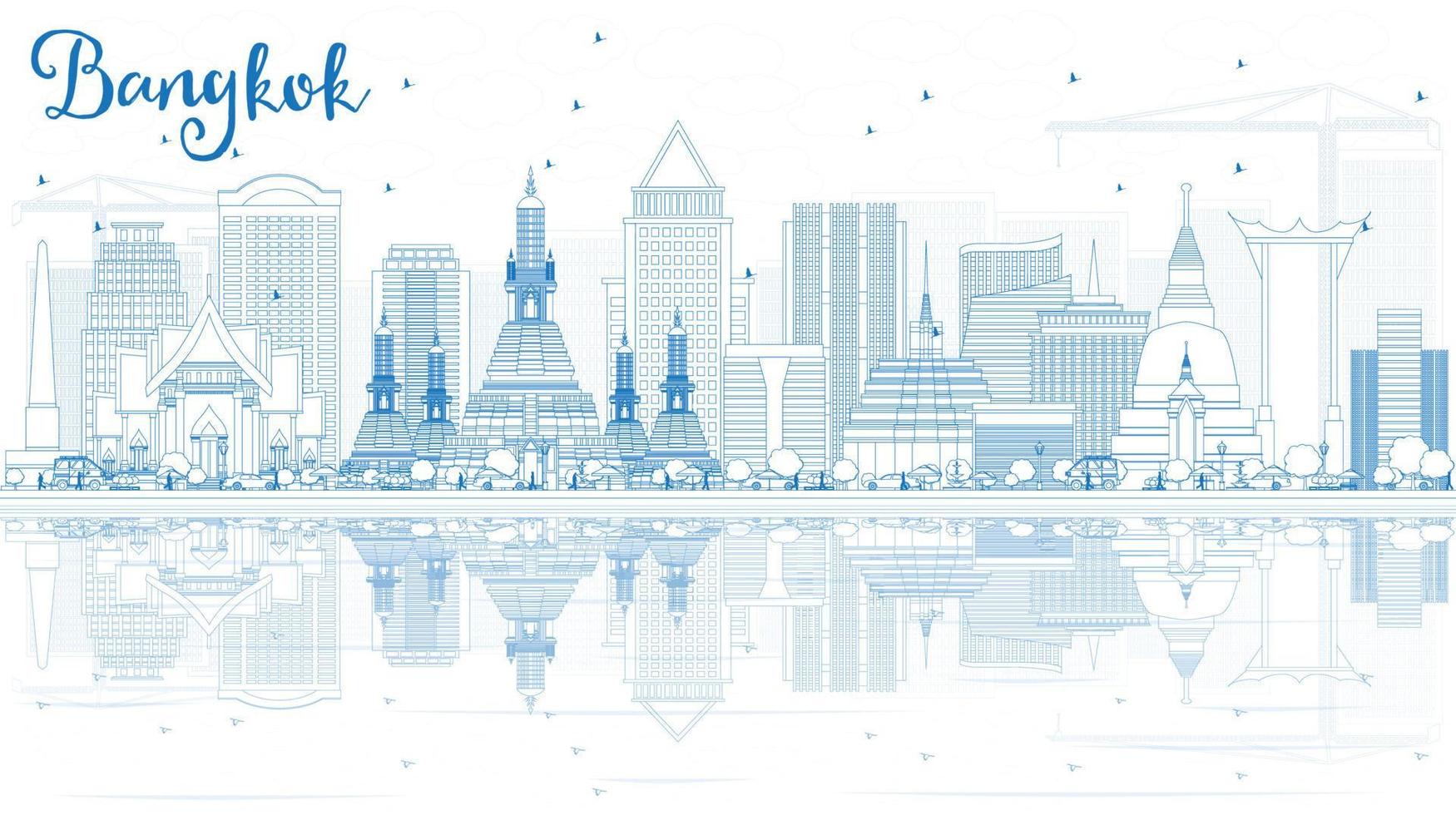 Outline Bangkok Skyline with Blue Landmarks and Reflections. vector