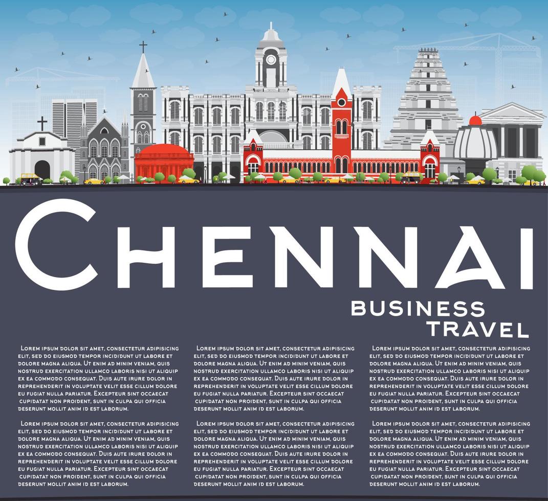 Chennai Skyline with Gray Landmarks, Blue Sky and Copy Space. vector