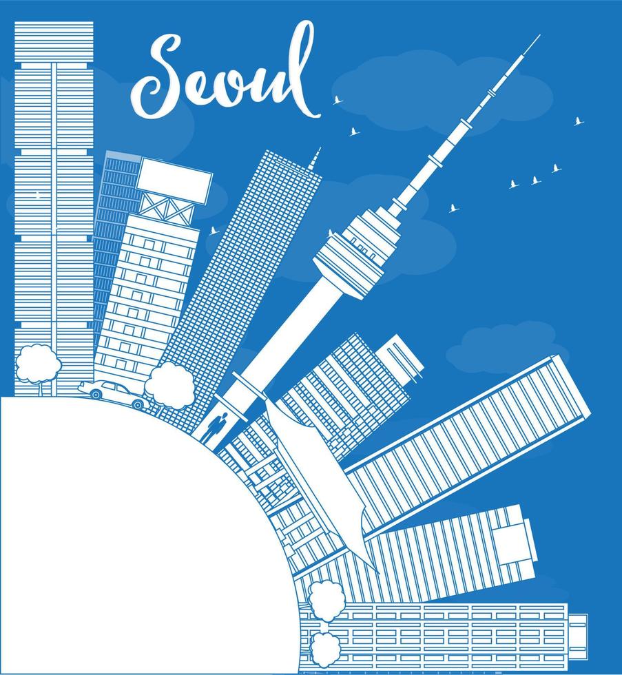 Outline Seoul skyline with blue building and copy space vector