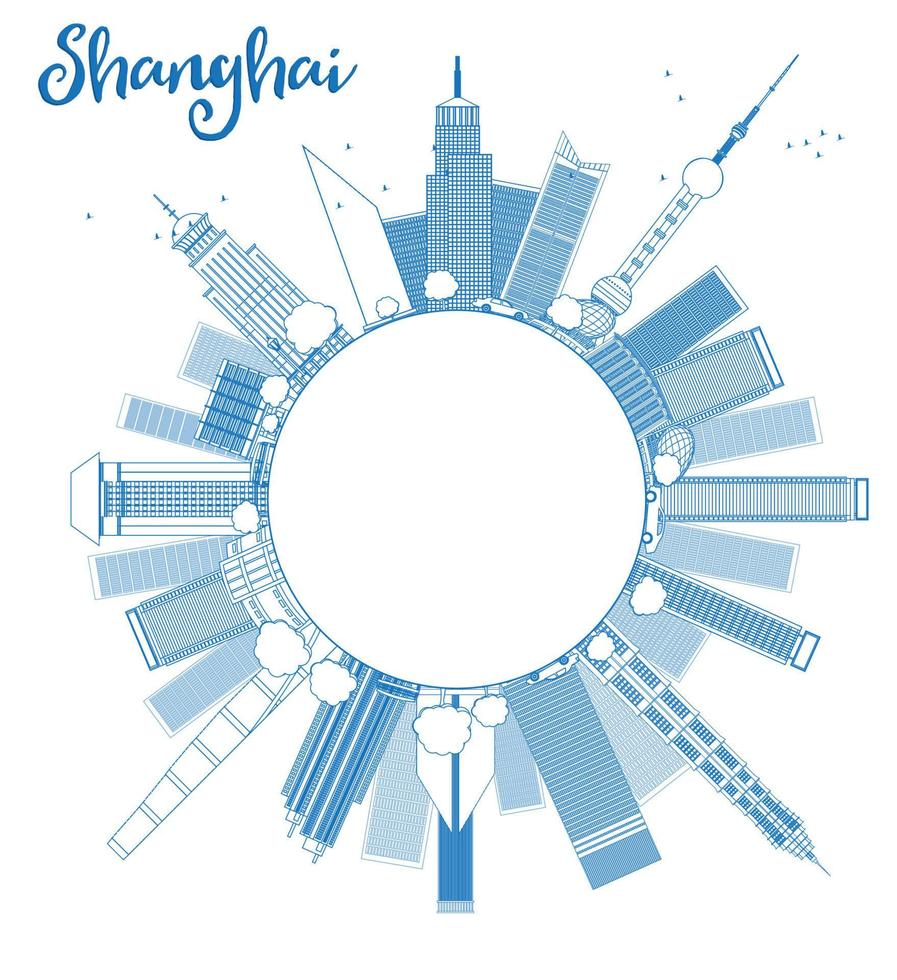 Outline Shanghai skyline with blue skyscrapers vector