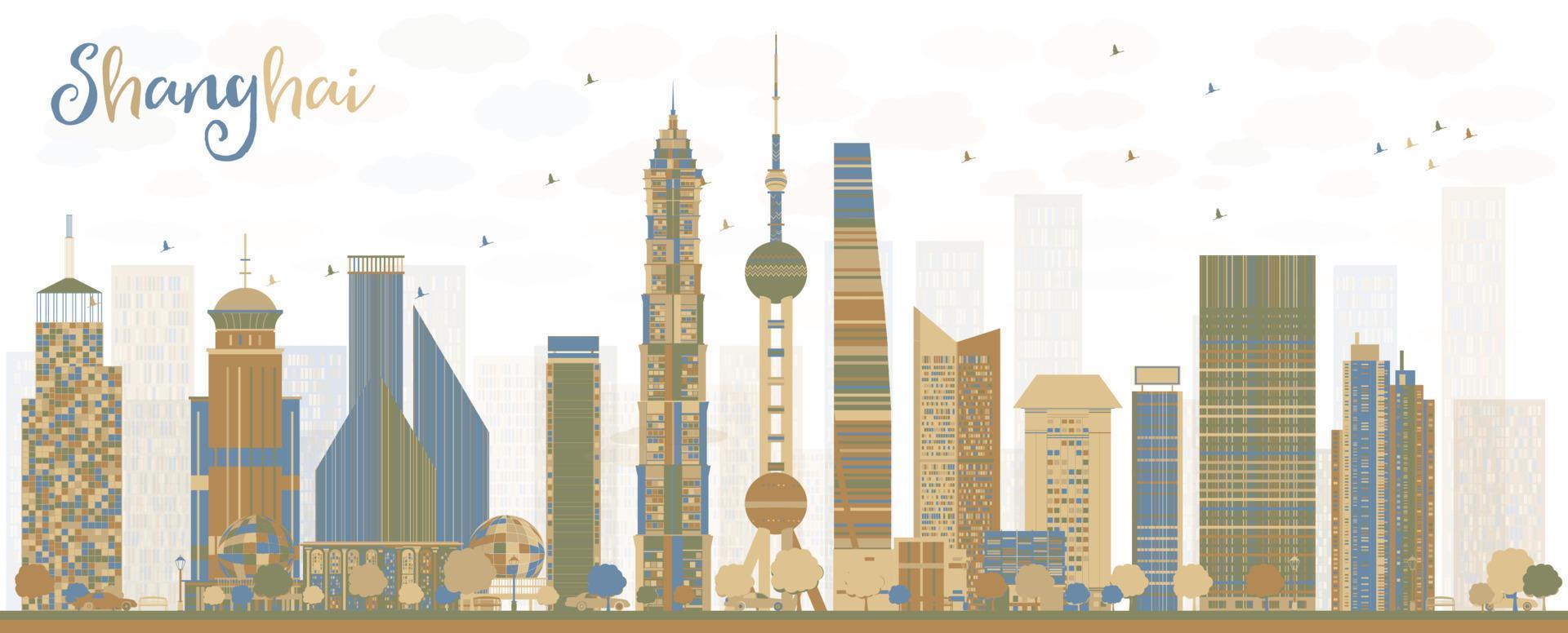 Shanghai skyline with blue and brown skyscrapers. vector