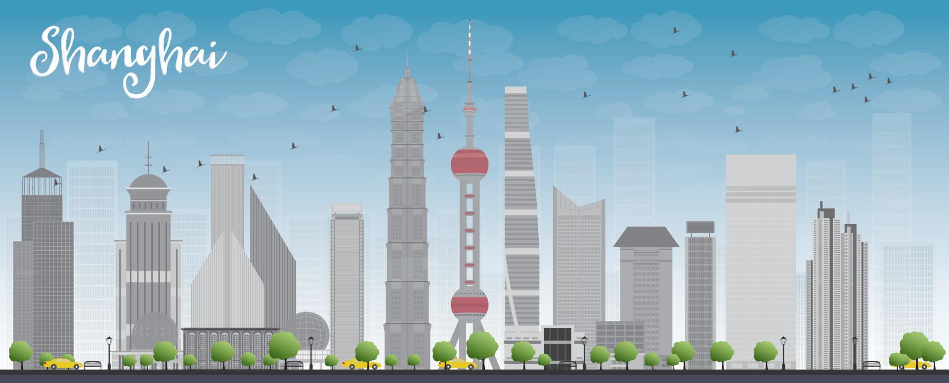 Shanghai skyline with blue sky and grey skyscrapers vector