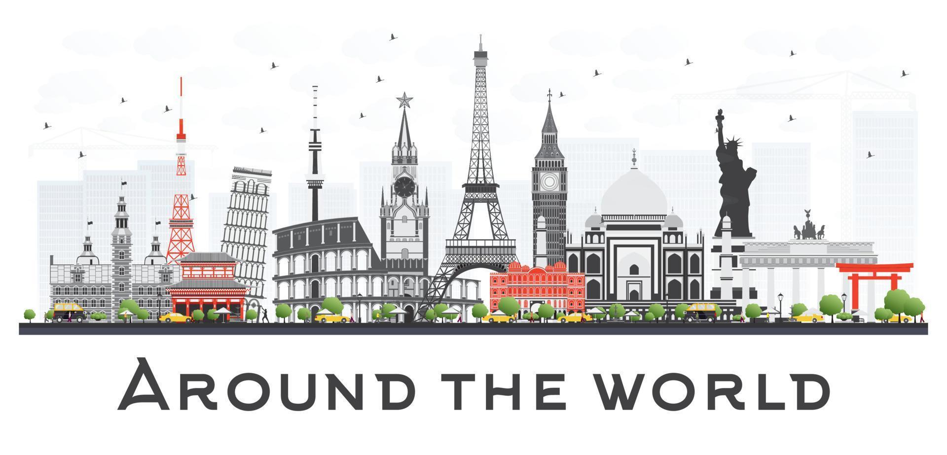 concepto de viaje alrededor del mundo con famosos monumentos internacionales. vector