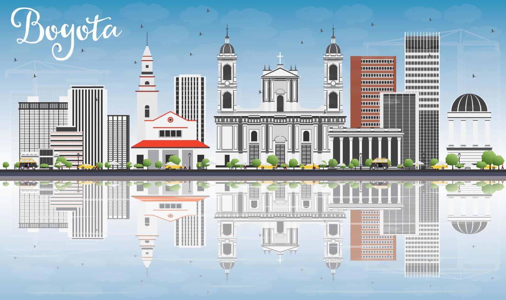 Bogota Skyline with Gray Buildings, Blue Sky and Reflections. vector