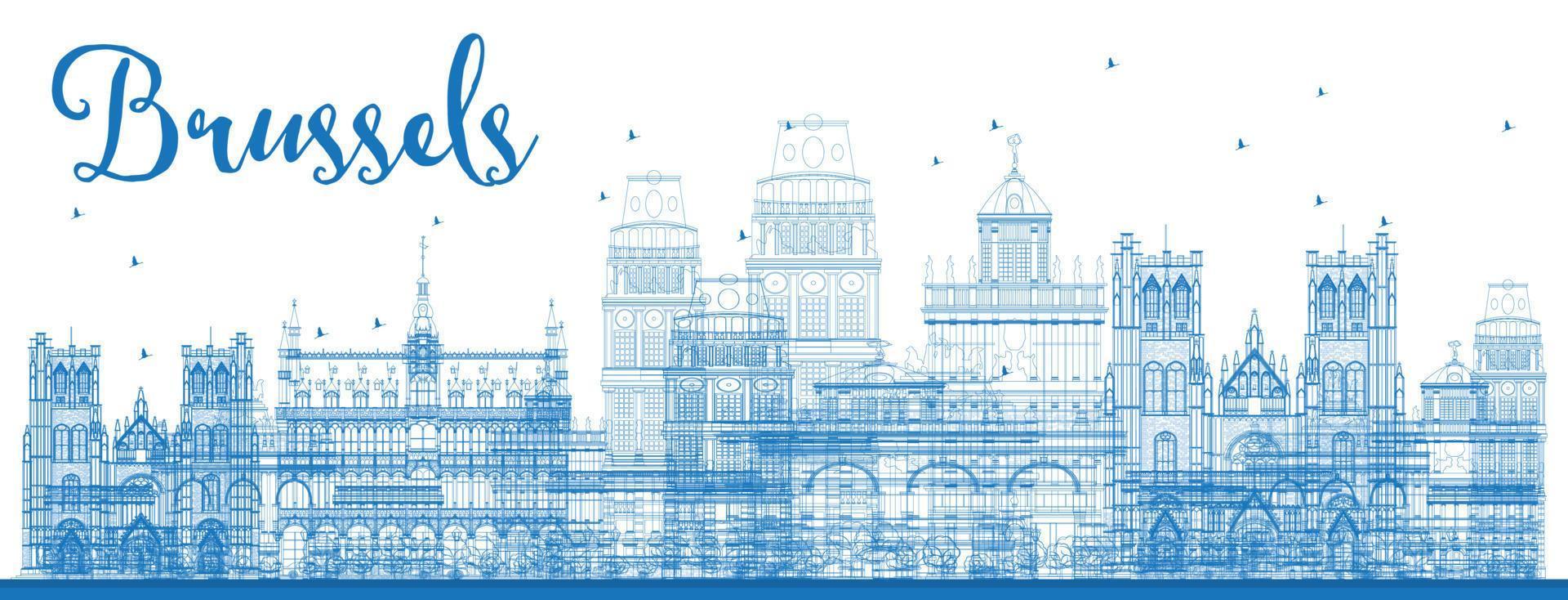 Outline Brussels skyline with Blue buildings. vector