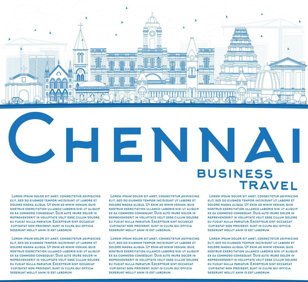 Outline Chennai Skyline with Blue Landmarks and Copy Space. vector