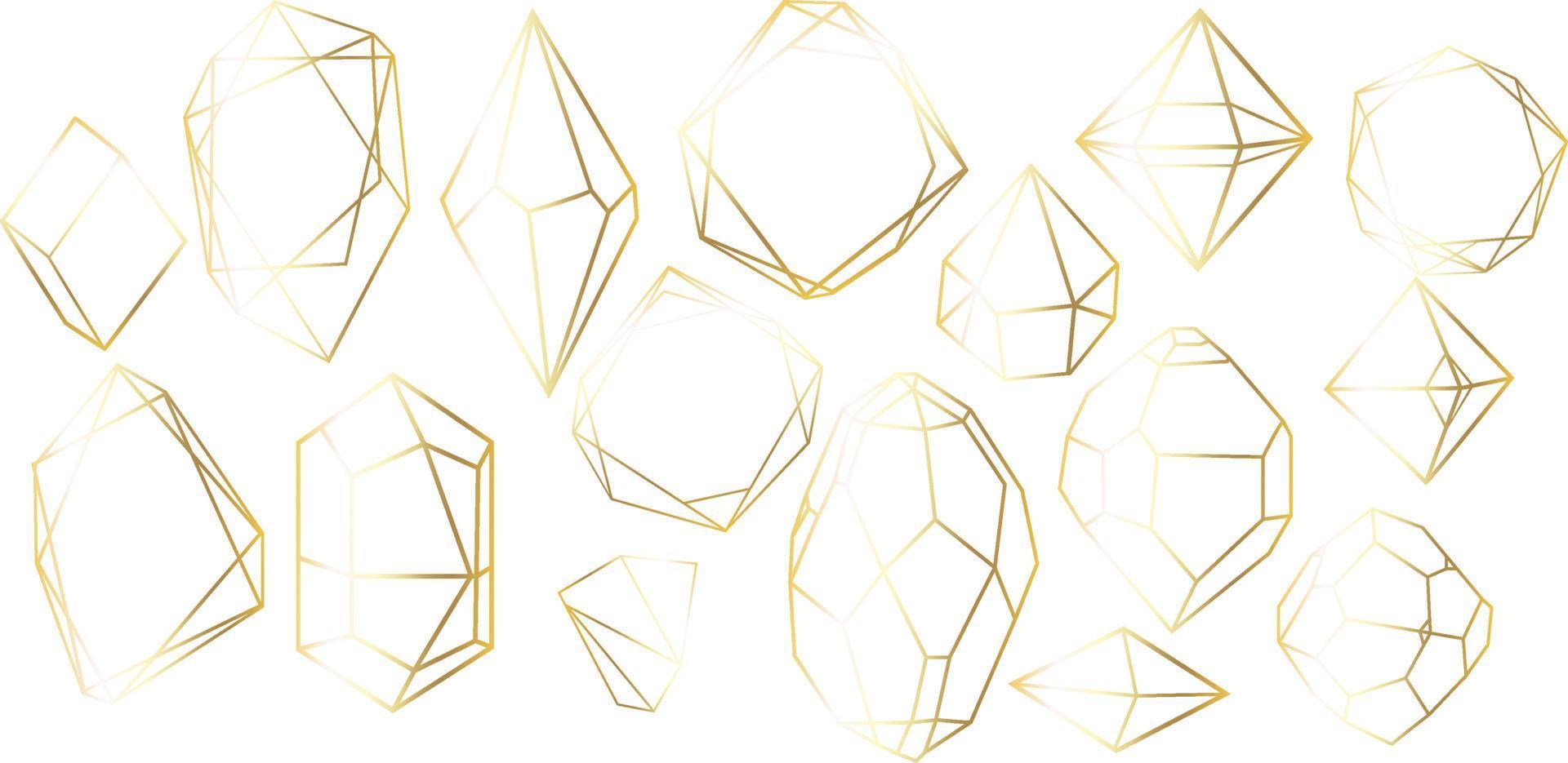 Vector set of golden luxury crystal diamonds shapes.Border Collection for Card.Geometric Premium Glitter Background, Polygon mosaic shape amethyst gem quartz stone line art style