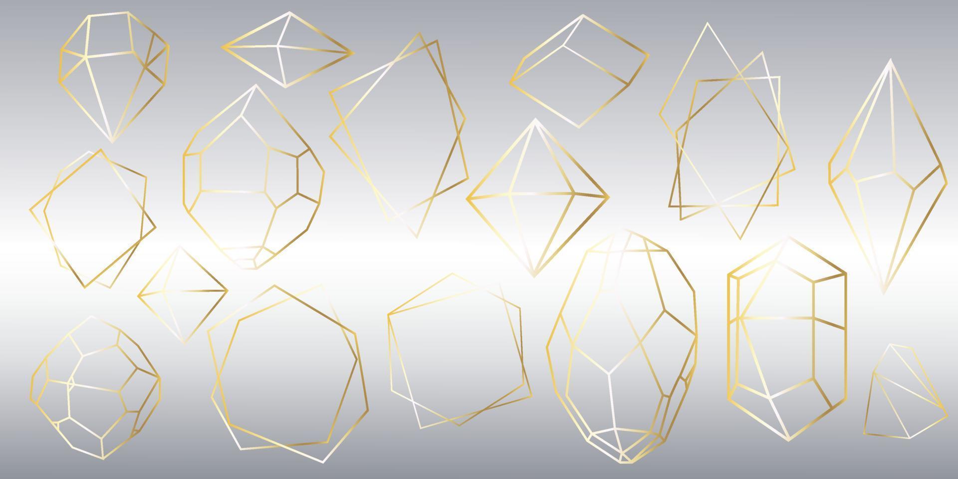 Vector set of golden luxury crystal diamonds shapes.Border Collection for Card.Geometric Premium Glitter Background, Polygon mosaic shape amethyst gem quartz stone line art style