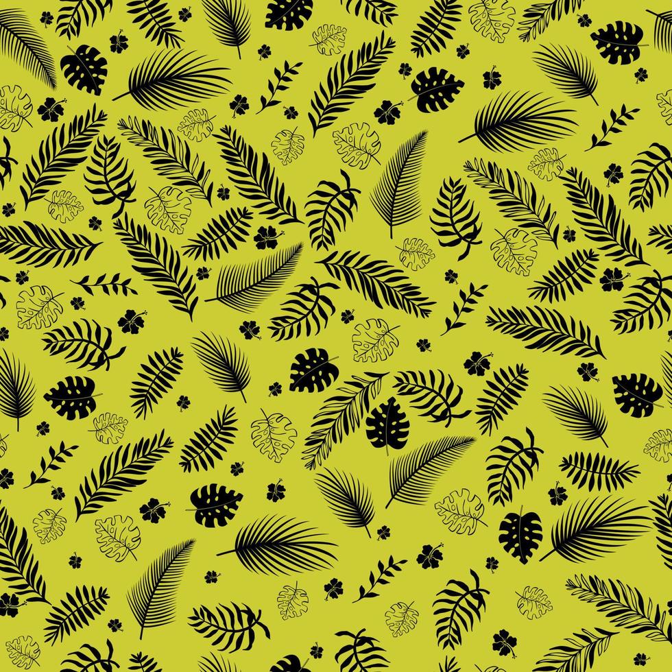 Tropical leaves and flowers on yellow background vector