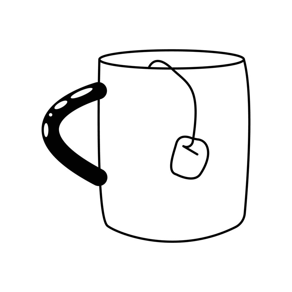 taza grande con té. ilustración de garabatos vectoriales. taza blanca con asa negra. la bolsita de té cuelga de la taza vector