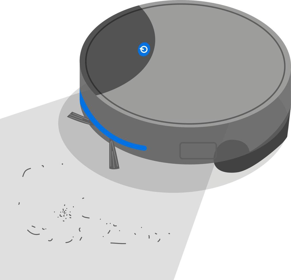 Robot vacuum cleaner cleans floor. Vector flat illustration on white background. The device is gray with blue button