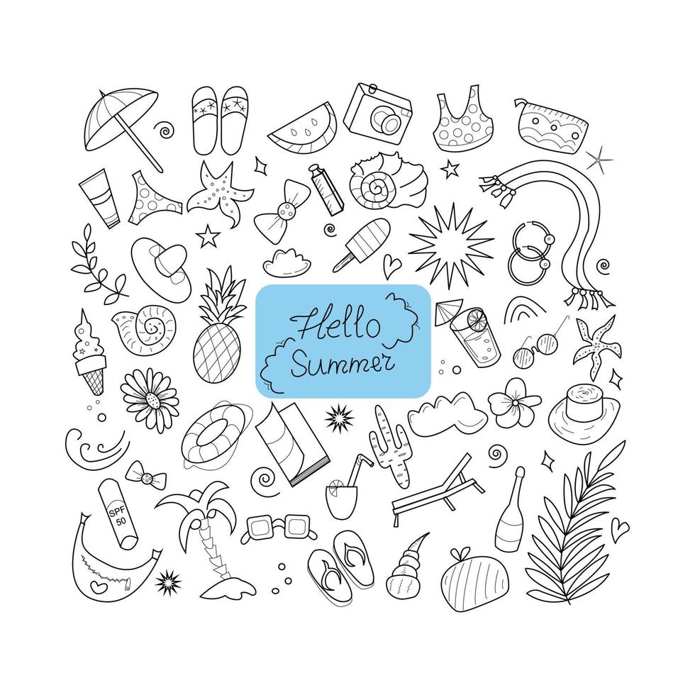 Hello summer doodle vector illustration. Summer and beach hand drawn, black white isolated