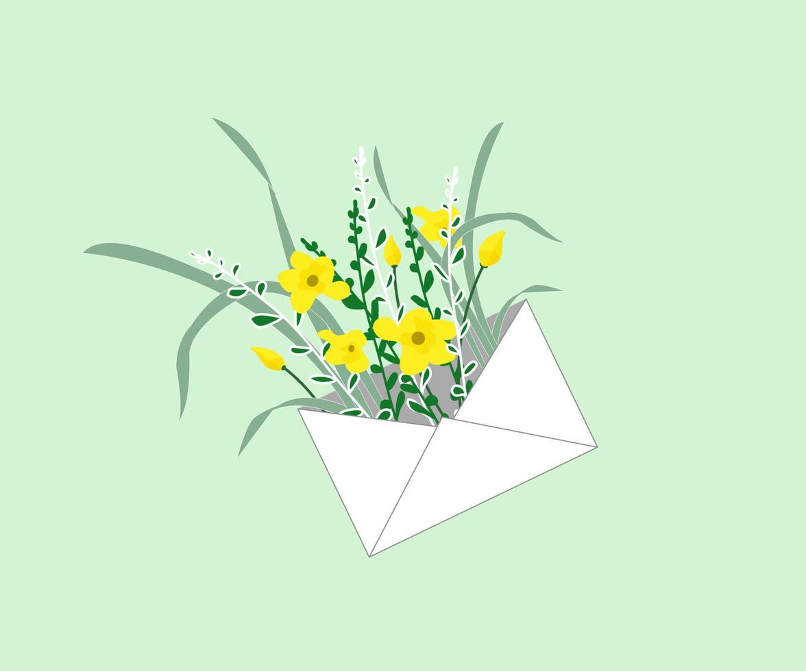 envelope with floral narcissus flowers and branches, isolated on spring background. vector
