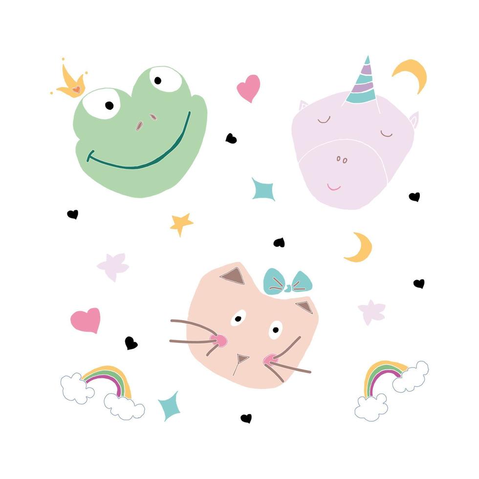 conjunto de lindos animales - unicornio rosa, gato beige y rana verde sobre un fondo blanco con estrellas, luna, corazones y arco iris. se puede utilizar para fiestas infantiles, folletos, libros, diseño de postales vector