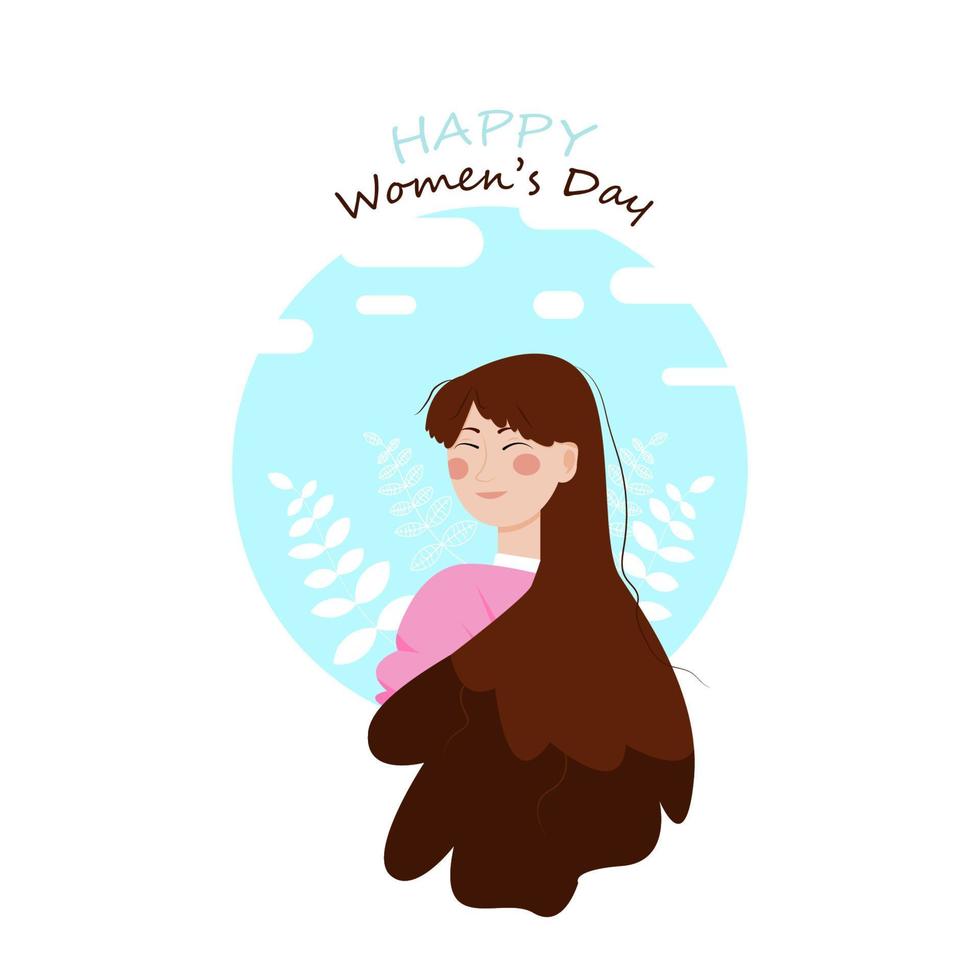 Happy International Women's Day. Charming pretty girl with long hair with sample text and branches on blue background. Vector flat illustration