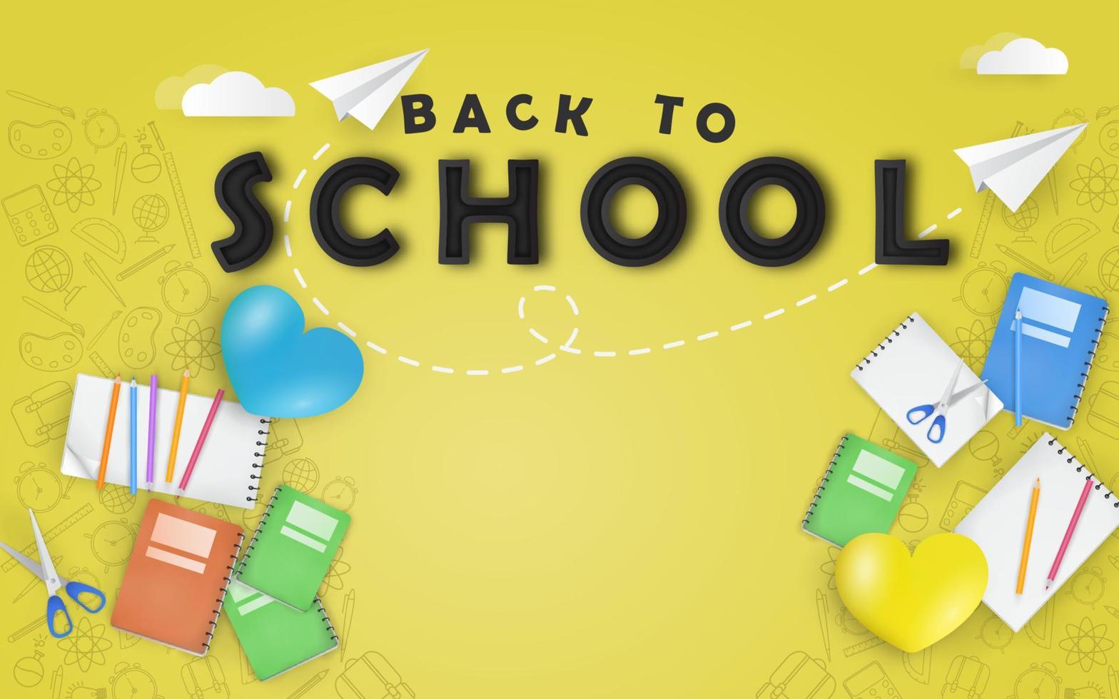 Back to school yellow background with school items. vector