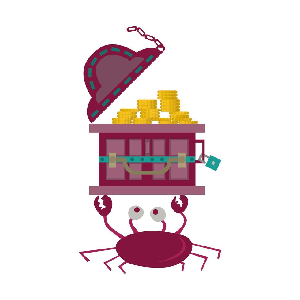 ilustración plana de dibujos animados de cangrejo y cofre del tesoro vector