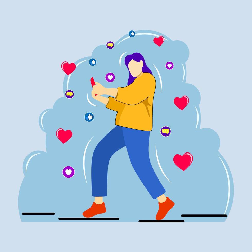 Flat design vector of a woman playing cellphone