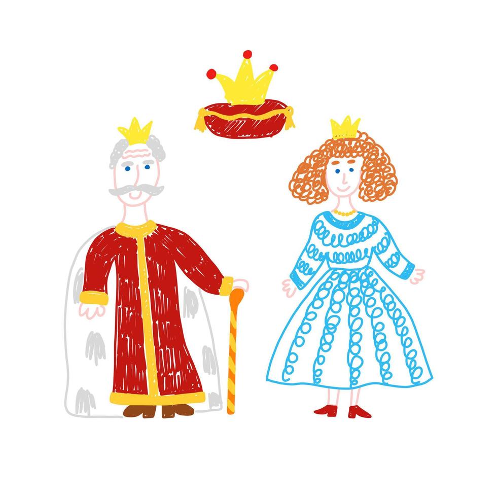 Queen and king. Royal family from fairy tale. Children's drawing. Isolated vector illustration