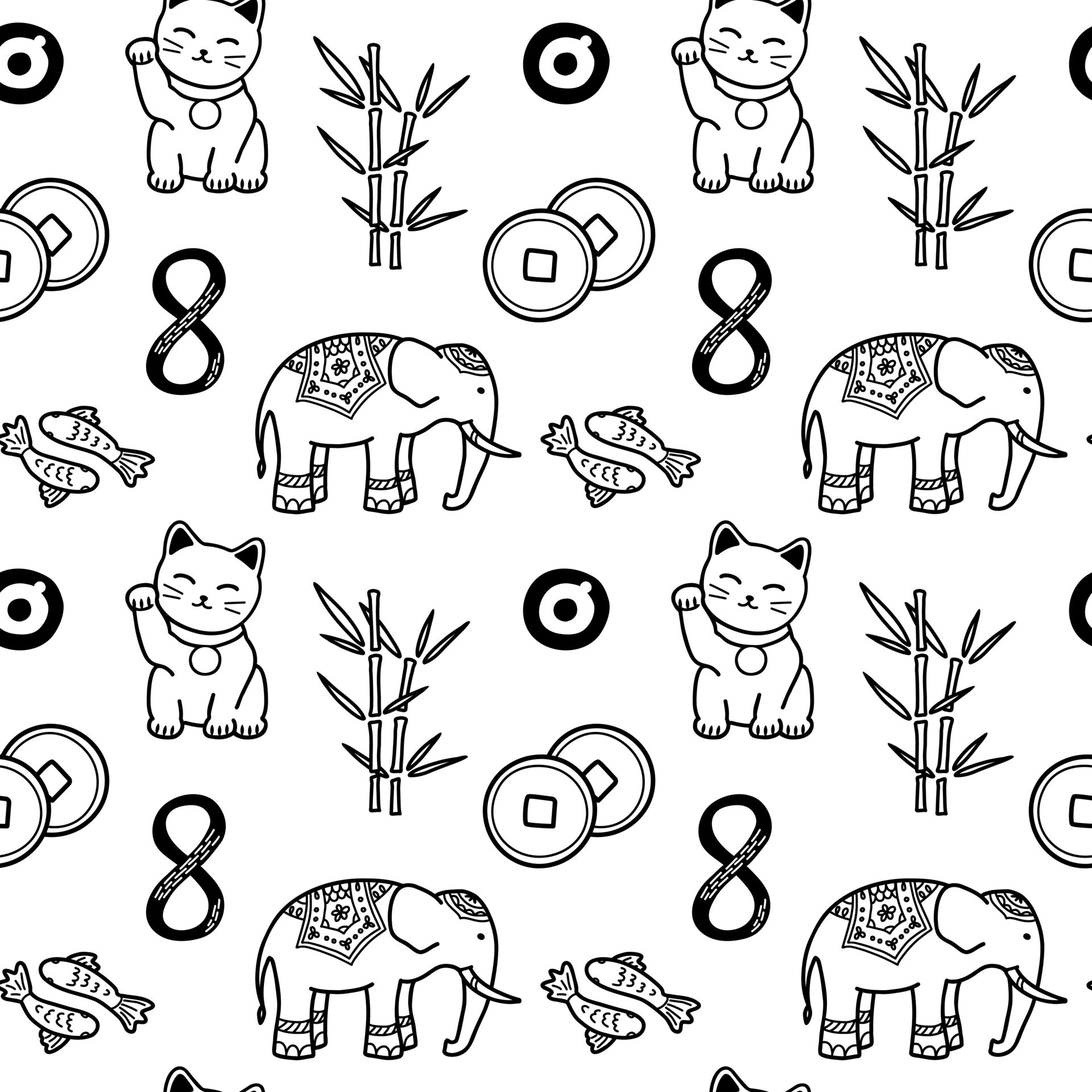 Good Luck Symbols Seamless Pattern. Asian talismans and charms contour  vector background. Symbols of success and prosperity 7522979 Vector Art at  Vecteezy