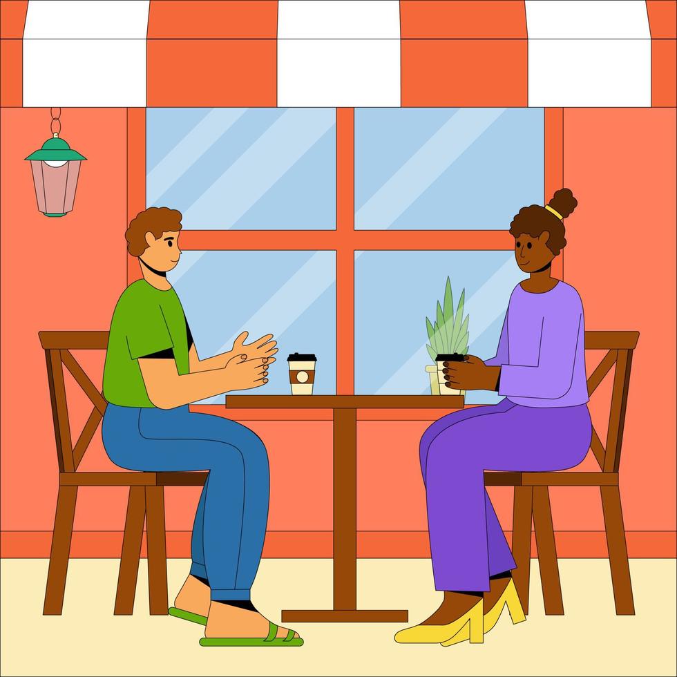 People relax and drink coffee outdoors. The building of the summer cafe with outdoor tables and chairs. Vector concept of a summer cafe. Flat vector illustration