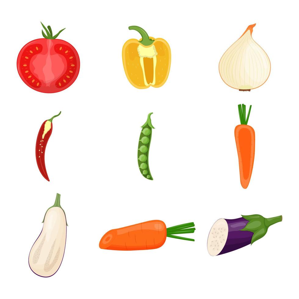 conjunto de medias verduras. comida vegetariana, concepto de alimentación saludable. tomate, pimiento, chile, guisante, repollo, berenjena cebolla zanahoria ilustración vectorial plana vector