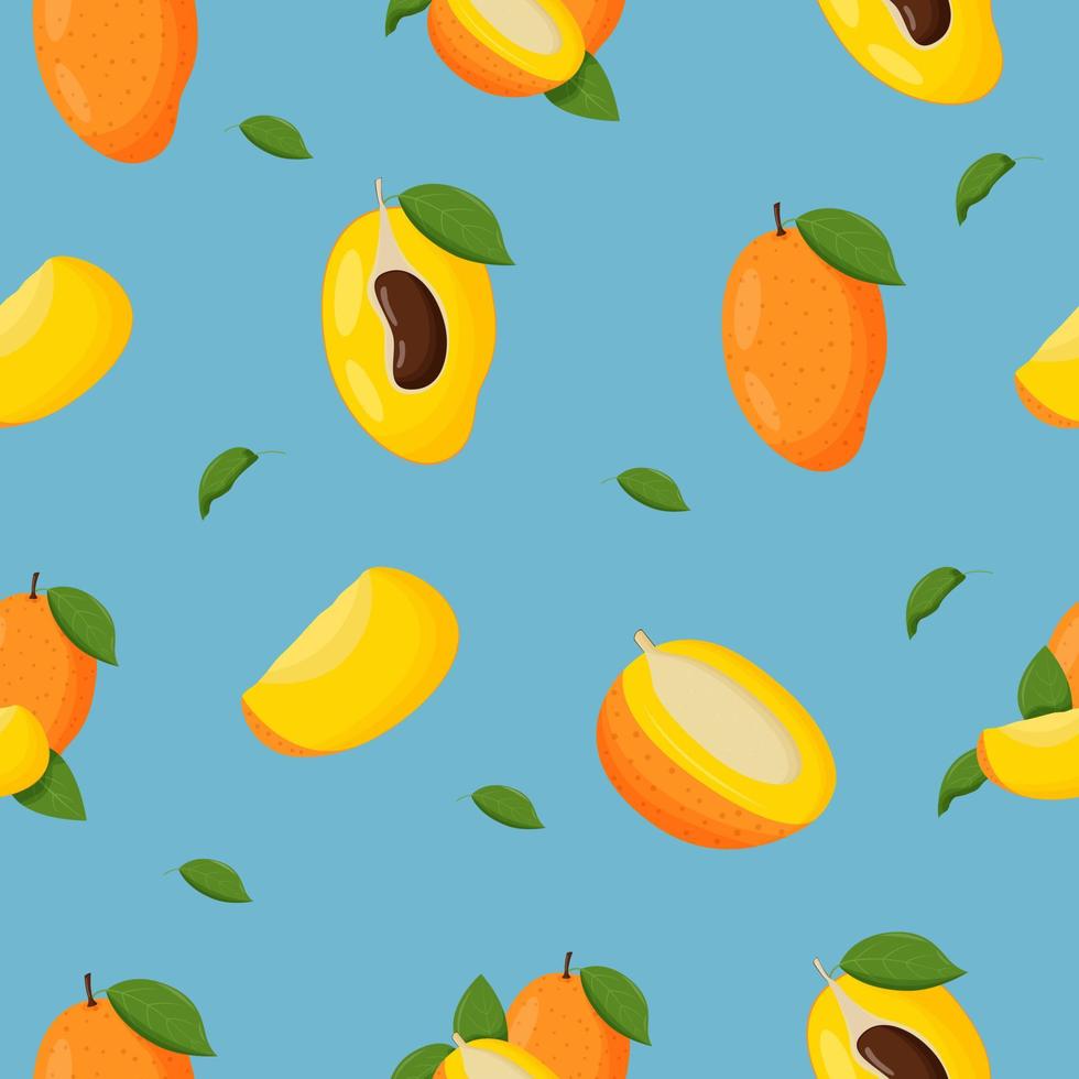 Mango with green leaves seamless pattern. Flat vector illustration