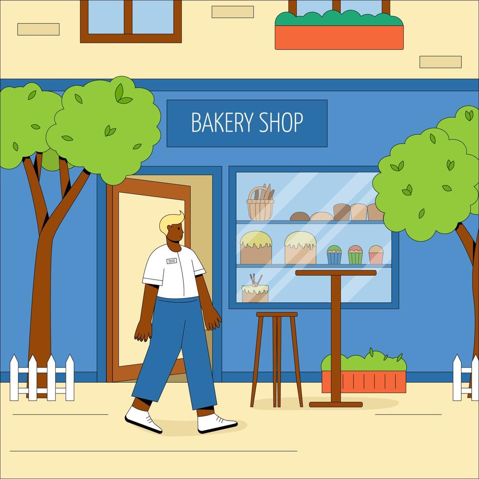 The building of the city bakery with outdoor tables and chairs. Friendly man relax in the fresh air. Vector concept of a summer cafe. Flat vector illustration