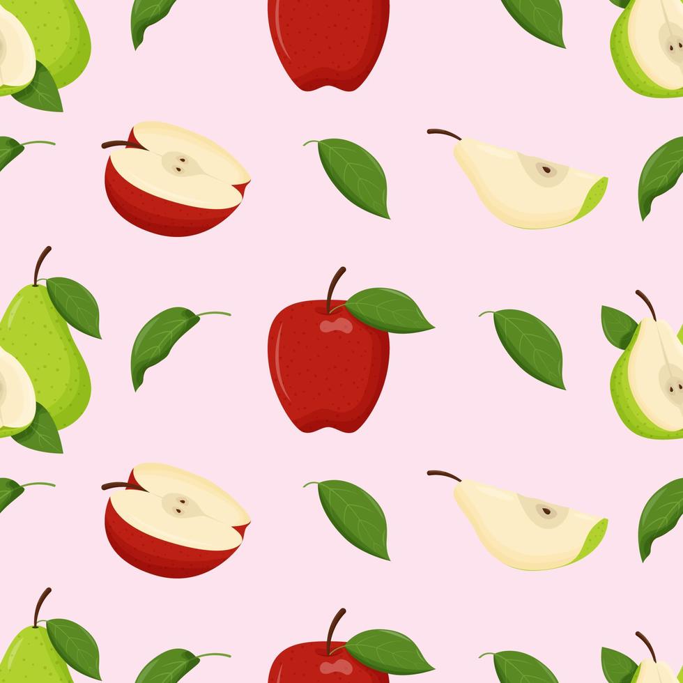 manzanas rojas y peras con hojas verdes de patrones sin fisuras. ilustración vectorial plana. vector