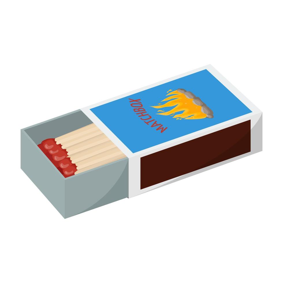 Opened matchbox full of matches. Household flammable tool for lighting fire in cardboard box. Flat vector illustration