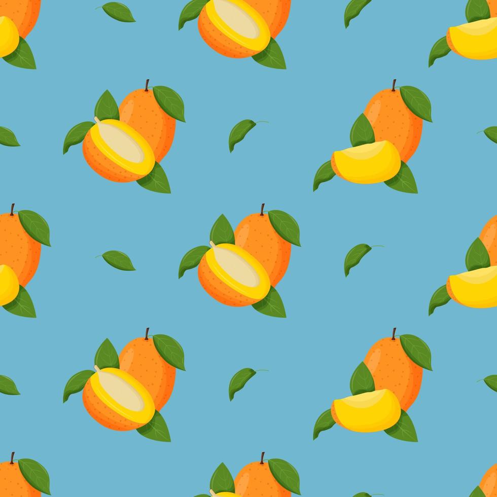Mango with green leaves seamless pattern. Flat vector illustration