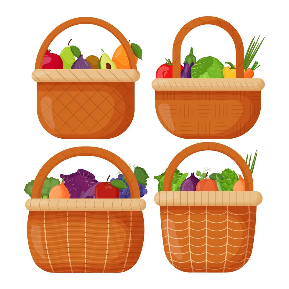 Picnic baskets. Wicker backet with fresh fruits. Pomegranate, pear, fig, kiwi, avocado mango Flat vector illustration